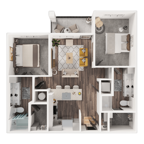 Floor plan for 2 beds, 2 baths, 1023 sqft